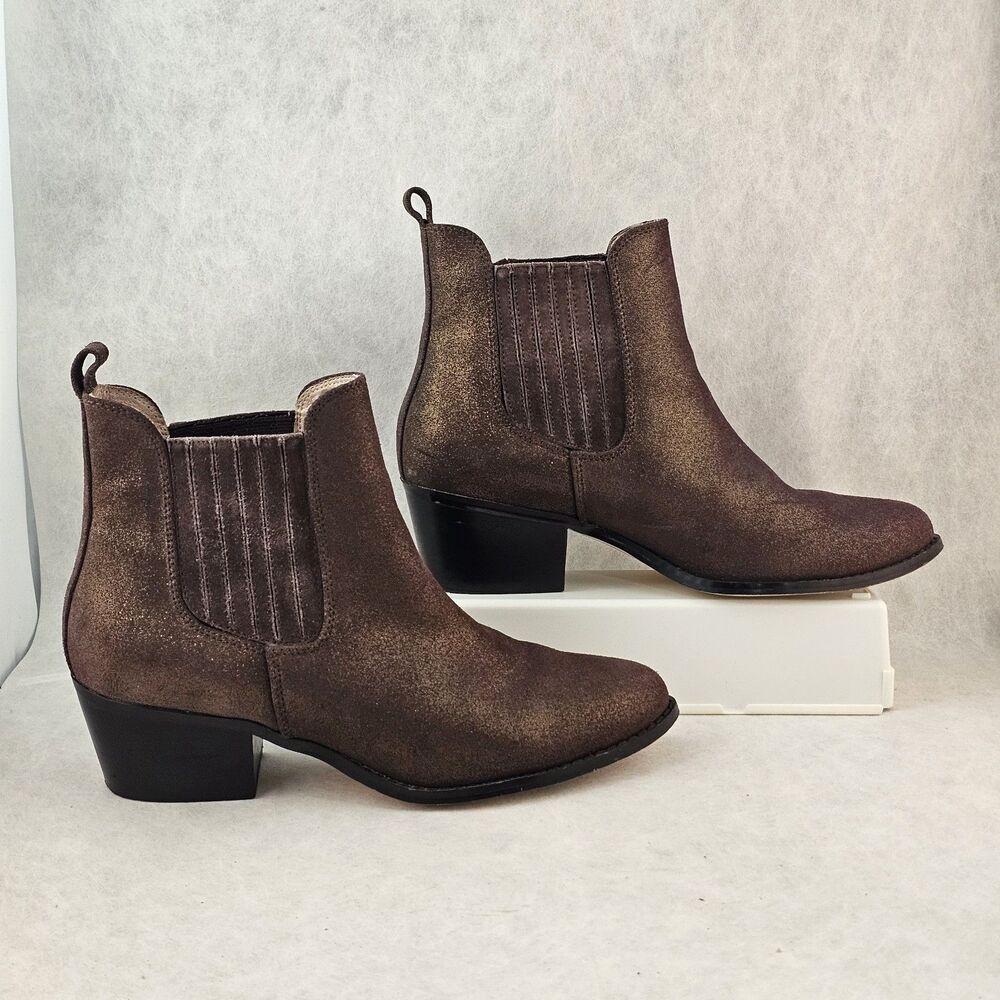 Women's Size 8 Anthro Brown Suede Metallic Chelsea Ankle Bootie